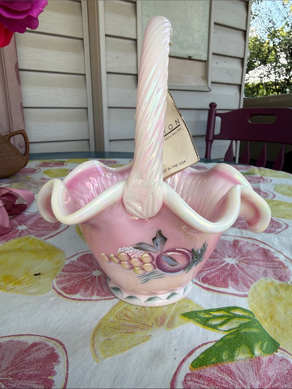 NWT Fenton Hand Painted Glass Basket 8”x 7.5” signed  #2445 stunning Pink